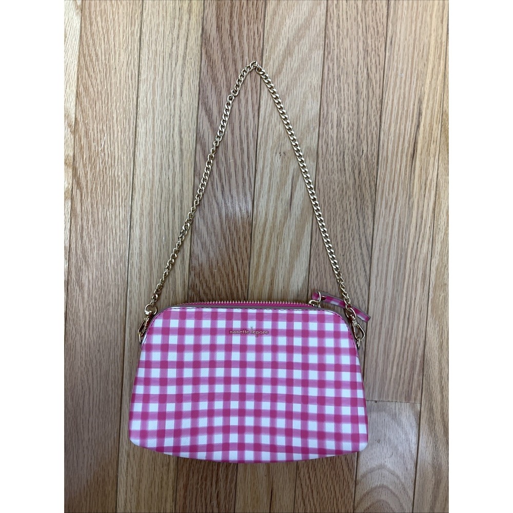 Nanette Lepore Makena HandBag Purse Vegan Leather Pink Gingham‎ Gold Hardware